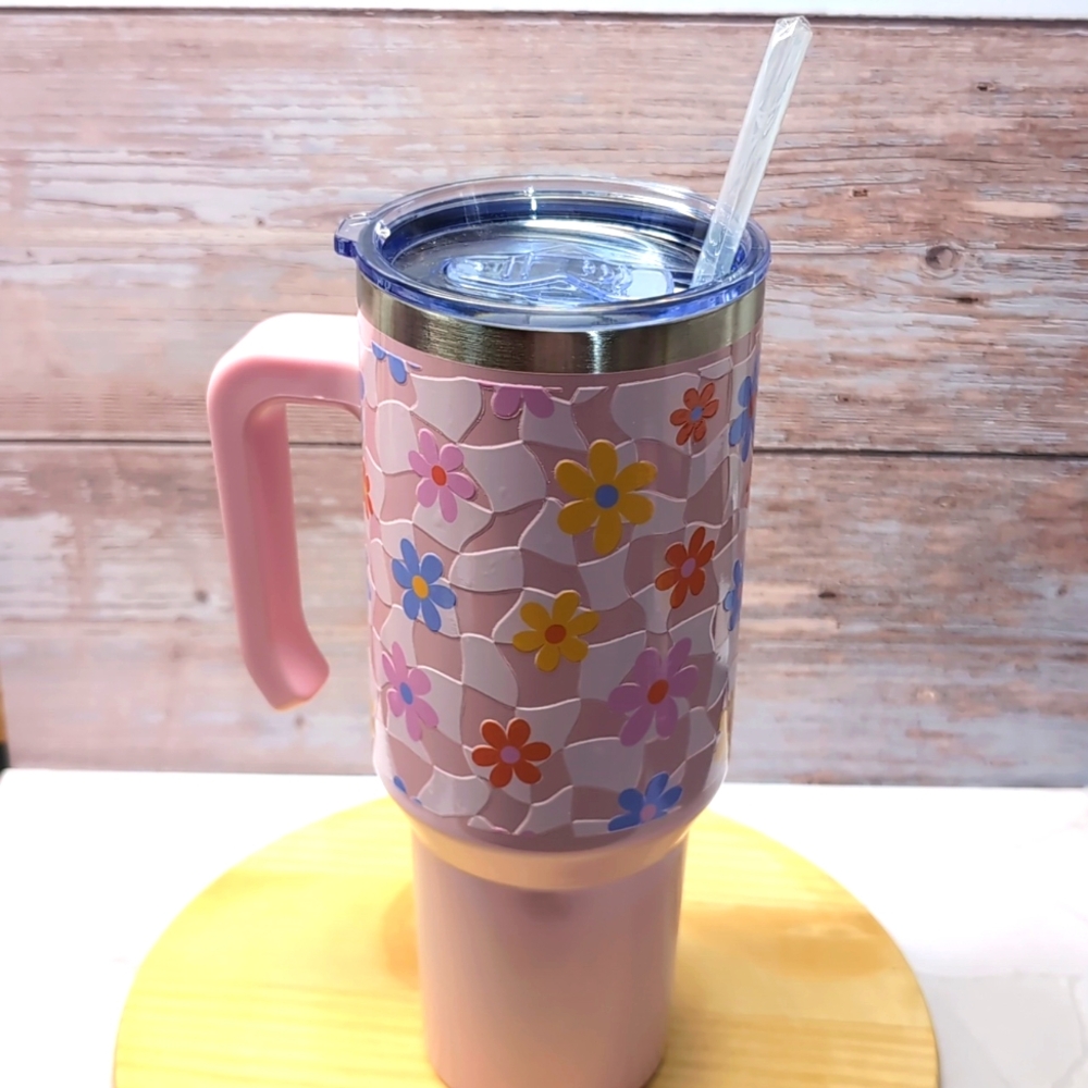 40oz pink stainless steel tumbler with flowers